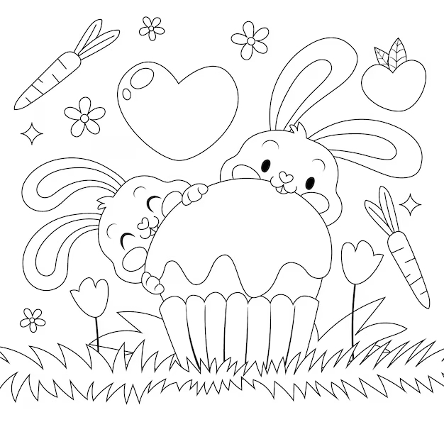 Desenho para imprimir e pitnar de dois coelhos da Páscoa saboreando um delicioso cupcake de chocolate, cercado por flores, grama, cenouras e outros elementos festivos.