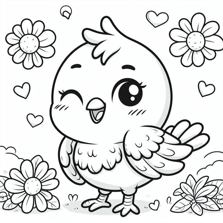 Desenho para colorir de um pintinho muito fofo feito com traços kawaii
