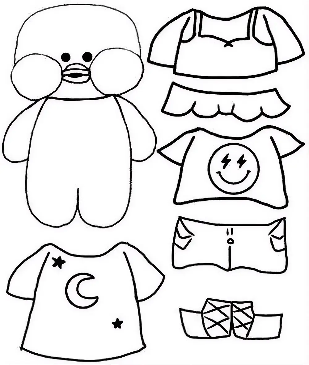 Desenho de um patinho estilo Lalafanfan acompanhado de peças de roupa como camisetas, saia e acessórios para recortar e colorir.