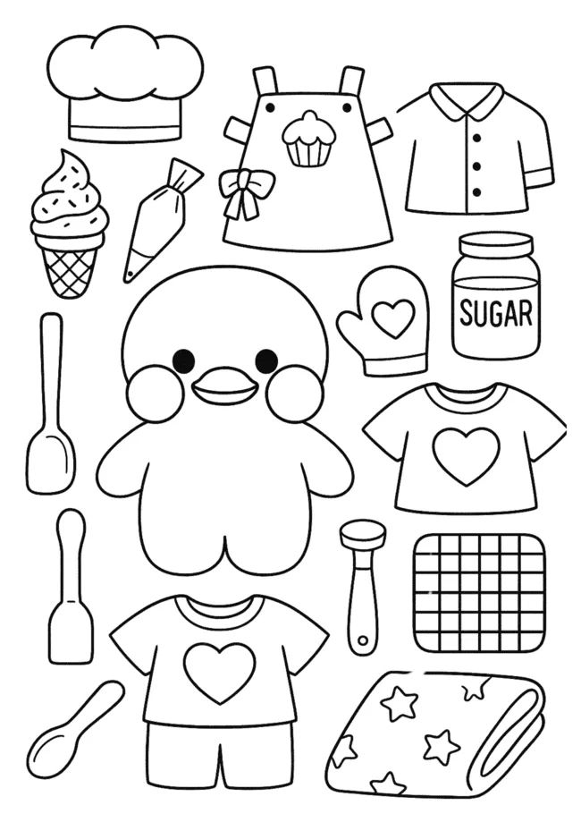 Pato de papel estilo kawaii cercado por acessórios de chef como avental de cupcake, chapéu, pote de açúcar e utensílios de cozinha para colorir.