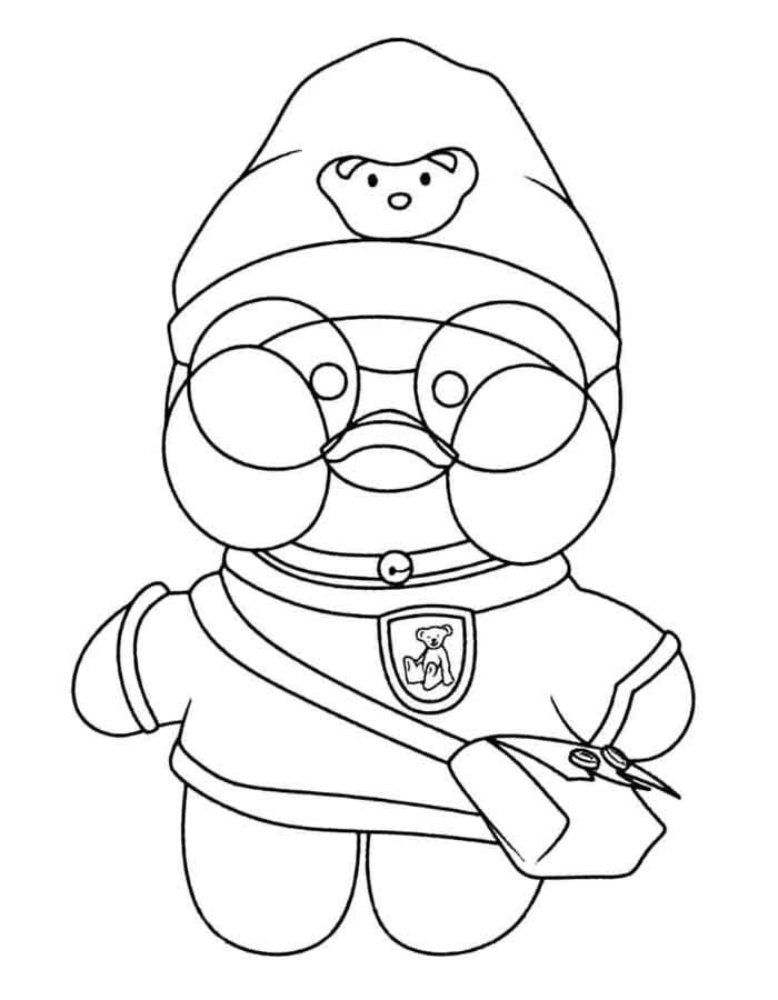 Personagem Paper Duck estilo Lalafanfan com óculos, gorro de urso e bolsa transversal para colorir.