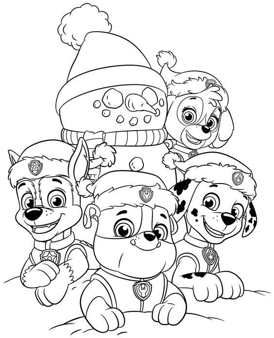 Desenho da Patrulha Canina com boneco de neve, com Ryder, Chase e Skye para imprimir e colorir.