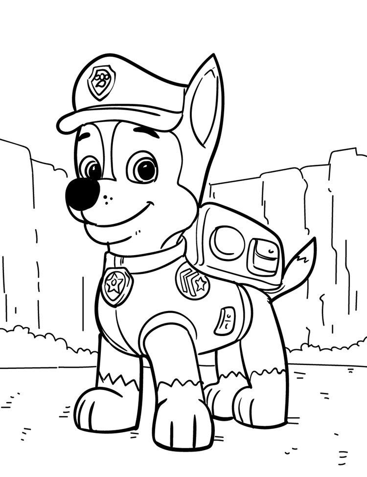 Desenho do cachorro Chase, da Patrulha Canina, vestido de policial, com boné, uniforme e mochila, pronto para colorir e imprimir.