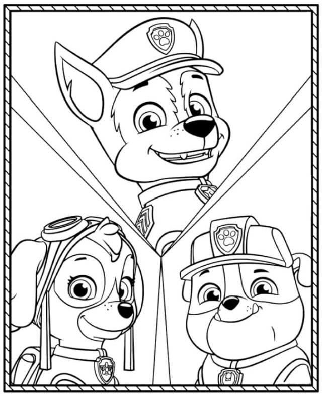 Desenho da Patrulha Canina com Chase, Rubble e Skye vestindo chapéus de profissões para colorir e imprimir.