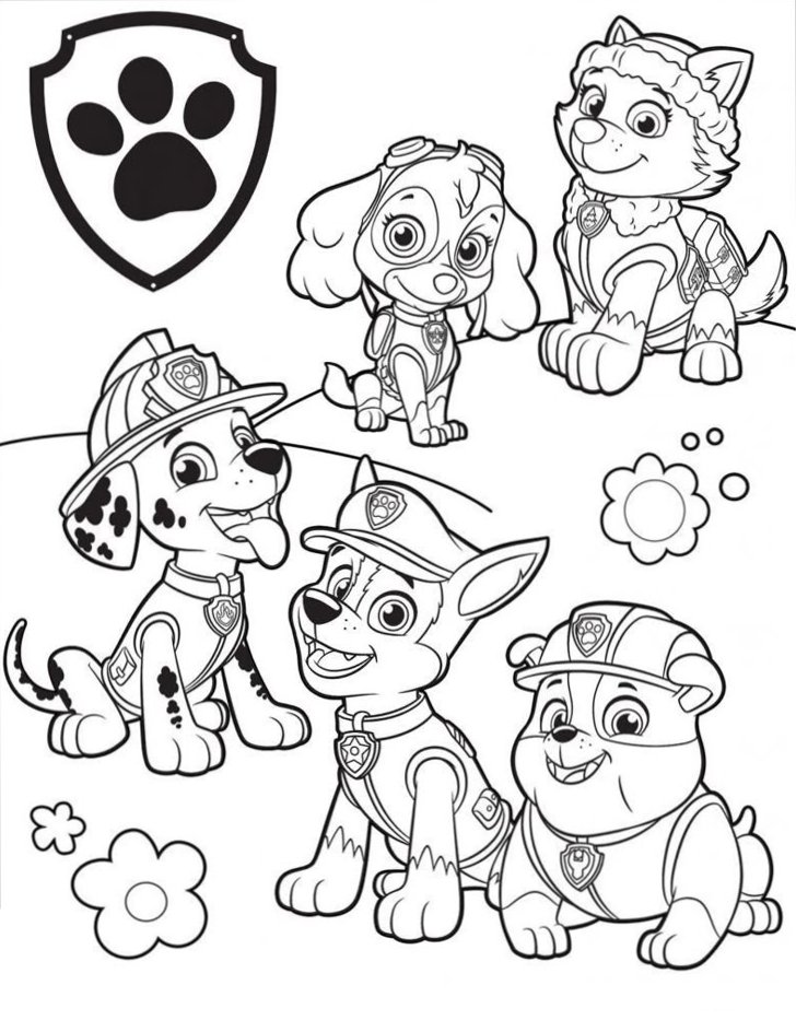 Desenho da Patrulha Canina com Marshall, Chase, Rubble, Skye e Everest para imprimir e colorir.