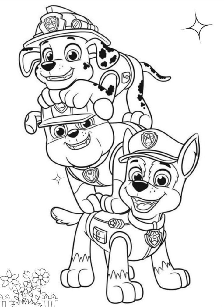 Desenho para colorir da Patrulha Canina com Marshall, Rubble e Chase empilhados, representando bombeiro, construtor e policial.