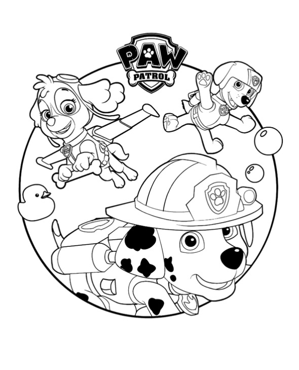 Desenho para colorir da Patrulha Canina com Marshall, Skye e zuma, com roupas de aviador. Imprima e pinte os heróis da Patrulha Canina!