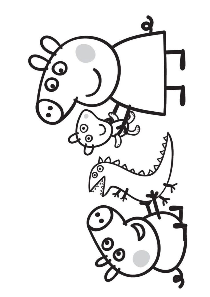 Peppa Pig, seu irmão George e um dinossauro de brinquedo, prontos para serem coloridos.