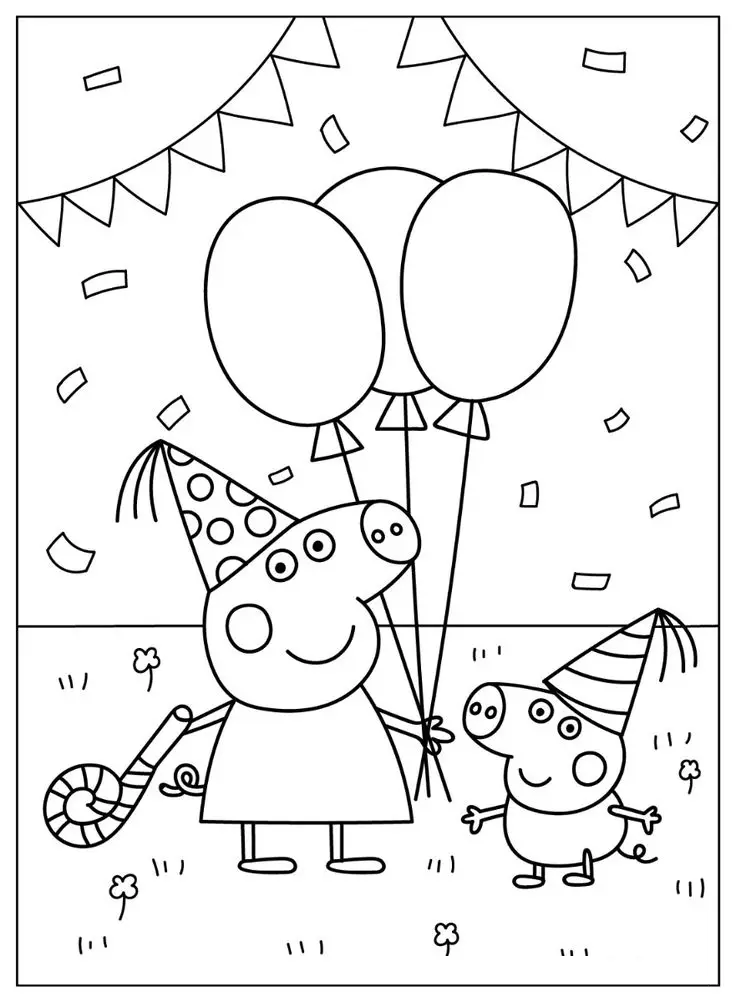 Peppa Pig e George usando chapéus de festa, segurando balões em uma celebração com confetes e bandeirolas.