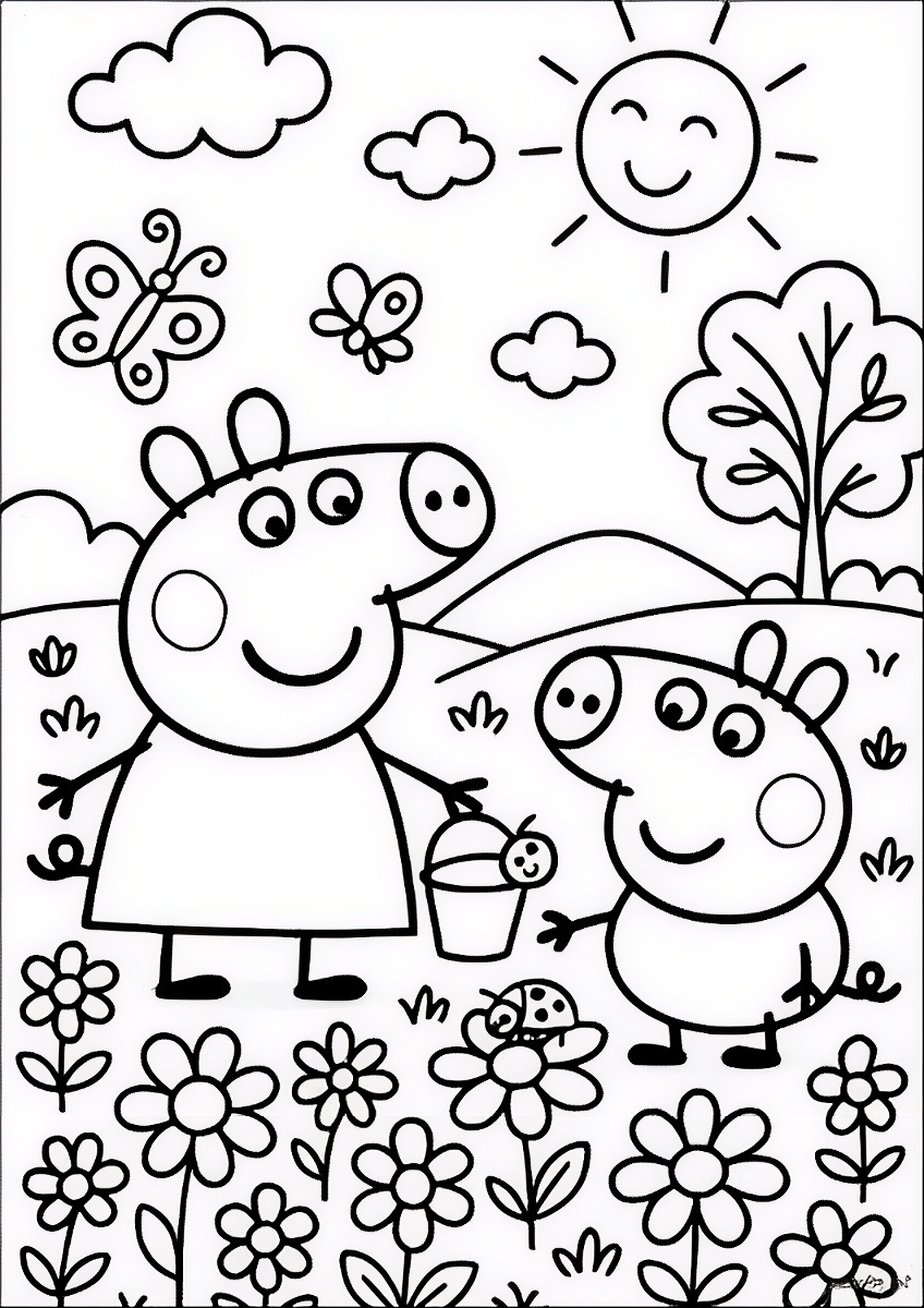 Desenho para colorir da Peppa Pig e George segurando um balde em um campo cheio de flores, com sol e borboletas ao fundo.
