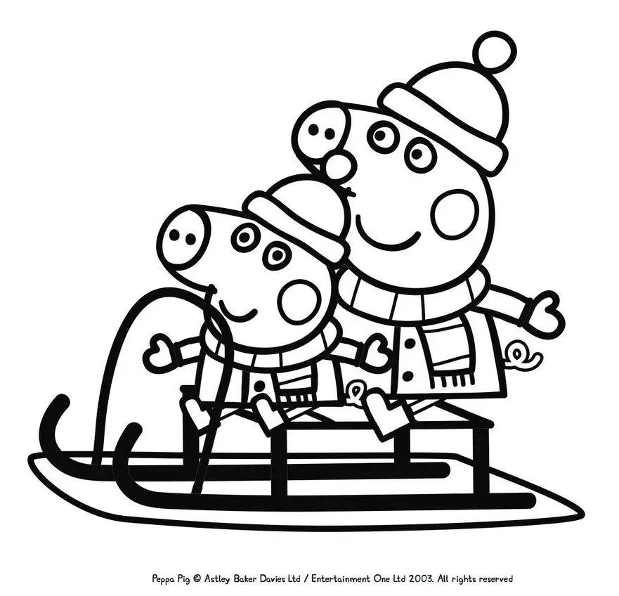 Peppa Pig e seu irmãozinho George usando gorros e cachecóis, sentados em um trenó de madeira na neve.