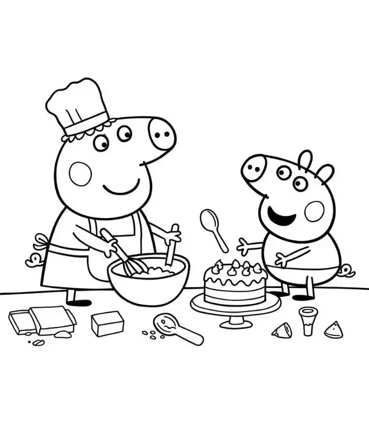 Desenho para colorir da Peppa Pig e Mamãe Pig na cozinha preparando um bolo, com ingredientes sobre a mesa e utensílios.