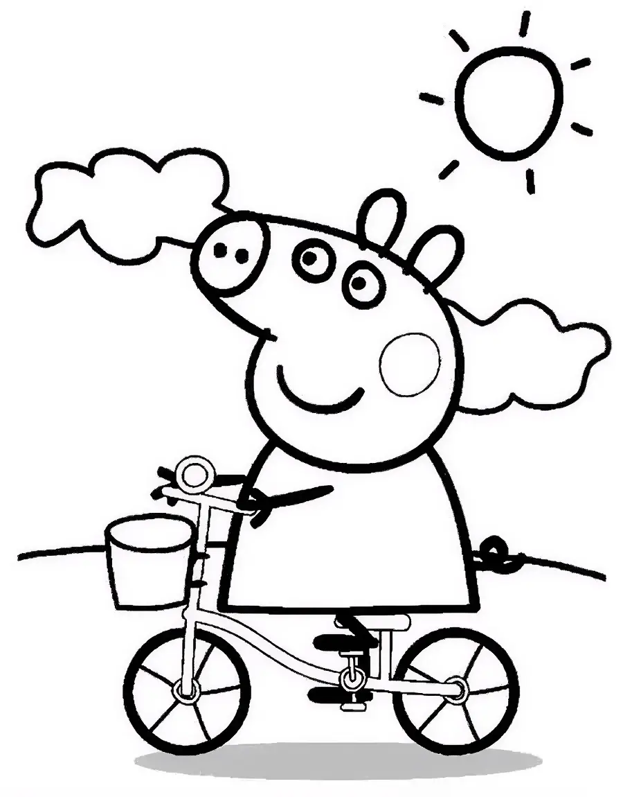 Desenho da Peppa Pig sorridente andando em uma bicicleta com cestinha em um dia de sol com nuvens.
