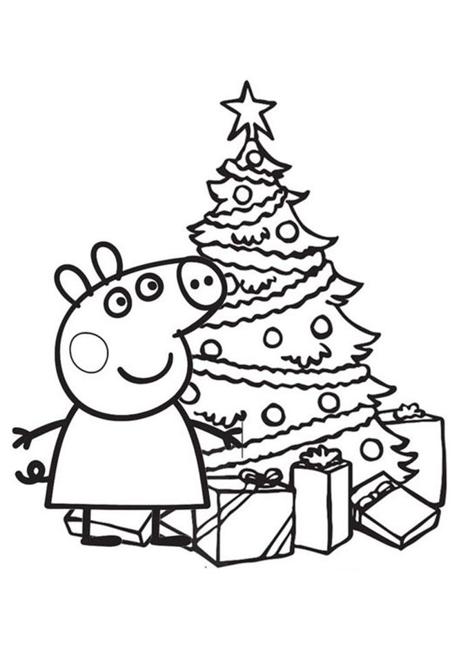 Desenho da Peppa Pig perto da árvore de Natal decorada, presentes e estilo cartoon para colorir e imprimir.