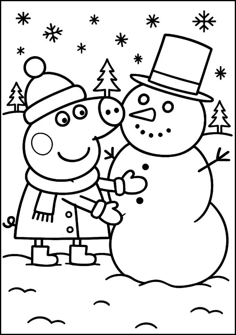 Peppa Pig usando gorro e cachecol construindo um boneco de neve com cartola em um dia de nevasca.