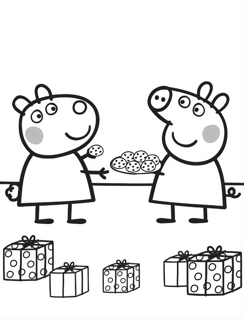 Peppa Pig e uma amiga segurando um prato de cookies com caixas de presente espalhadas no chão, desenho para colorir.