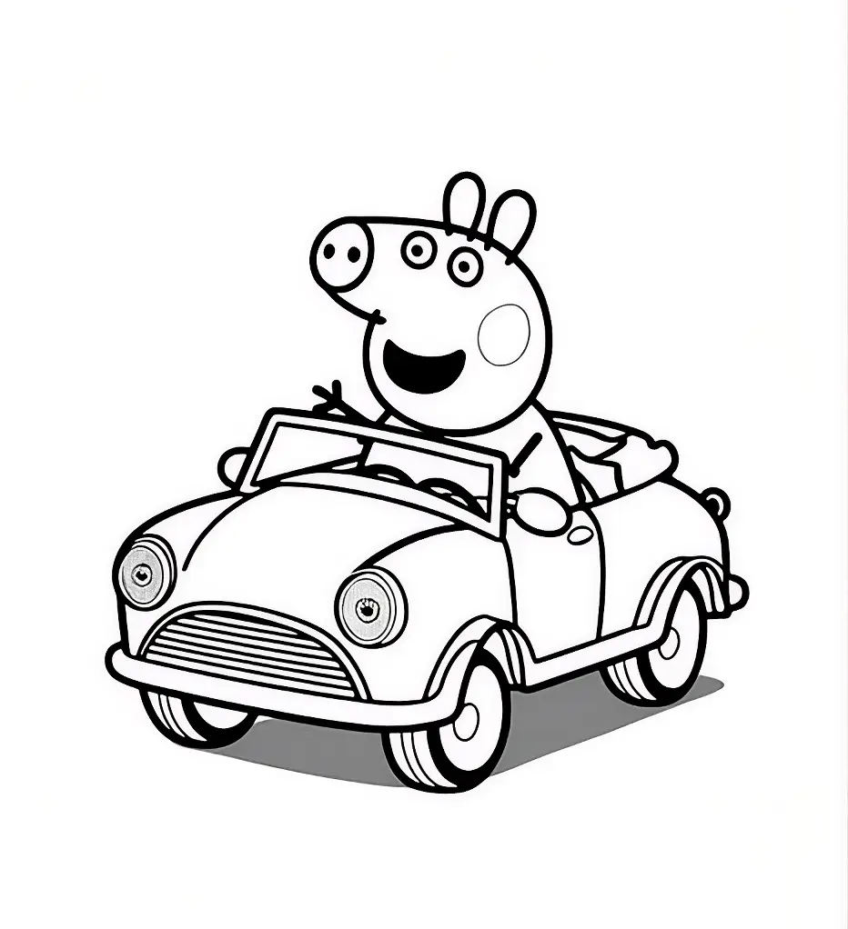 A personagem Peppa Pig sorridente dirigindo um carro conversível, pronta para ser colorida.