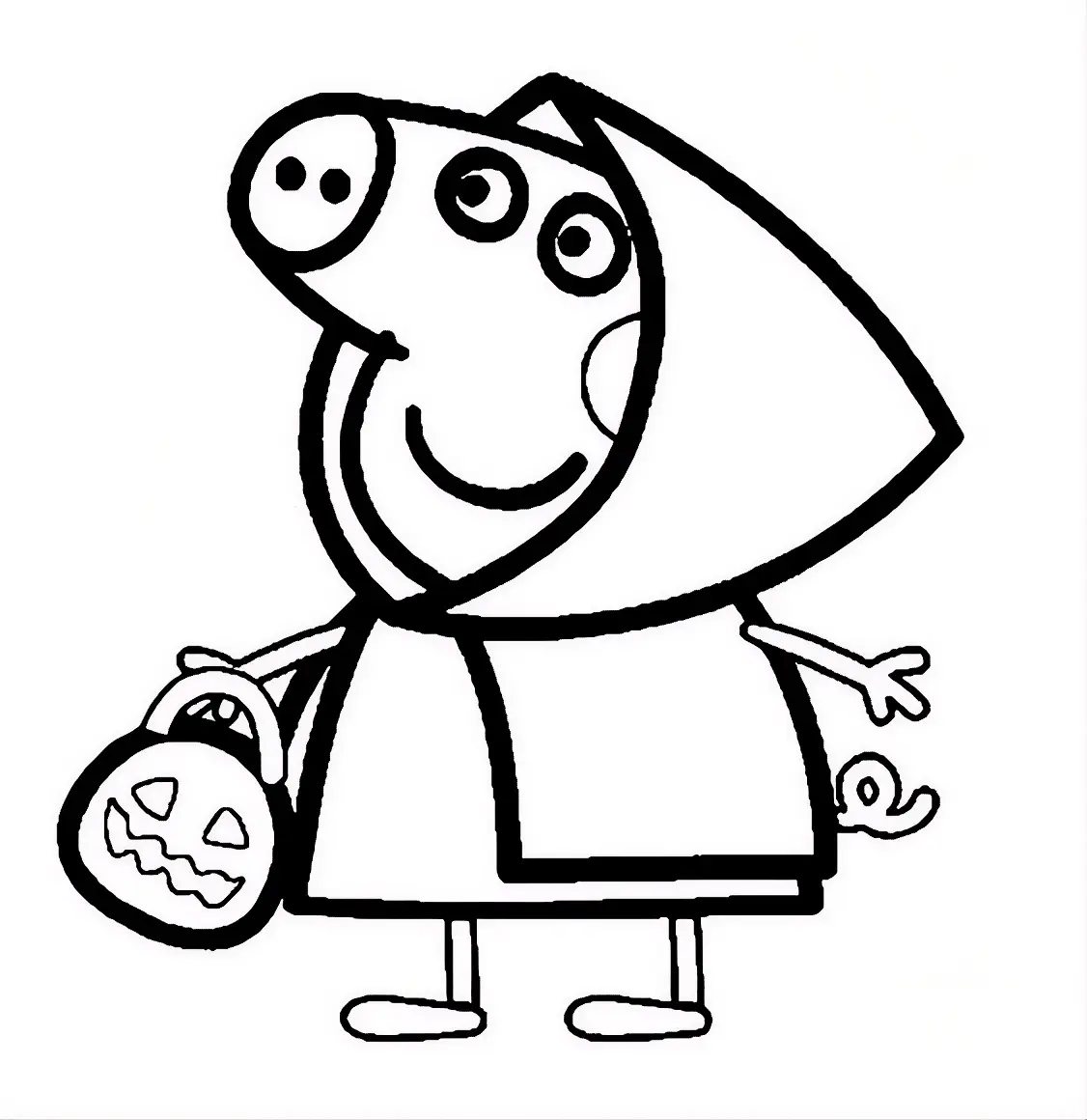 Desenho da Peppa Pig vestida com capa de Halloween segurando uma cestinha de abóbora para colorir