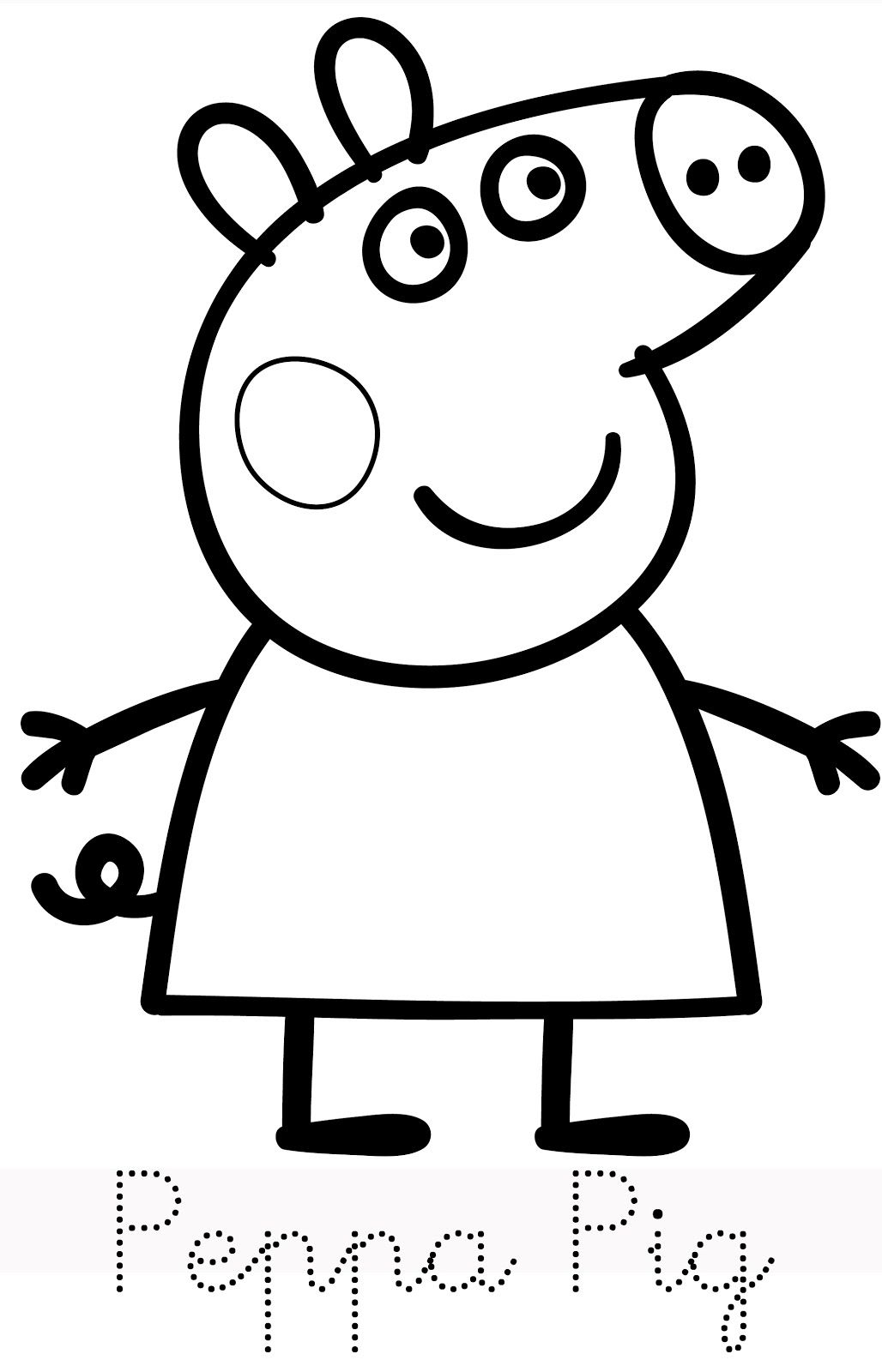 Desenho da Peppa Pig de corpo inteiro em traços pretos sobre fundo branco, pronta para ser colorida.