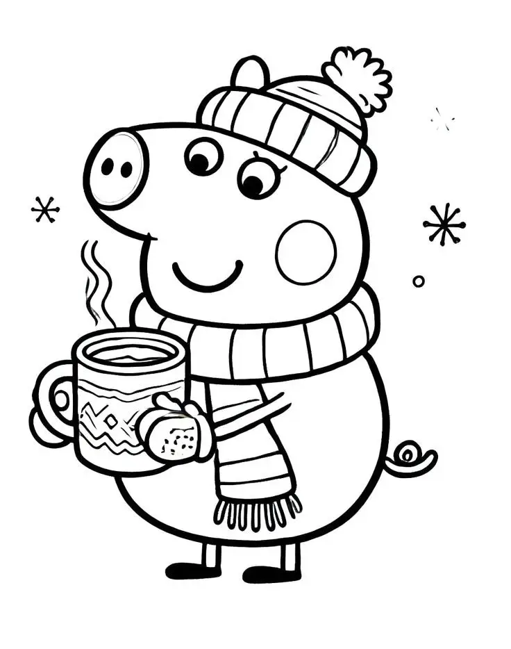 Desenho da Peppa Pig usando gorro e cachecol, segurando uma caneca de chocolate quente com fumaça saindo, com flocos de neve ao redor.