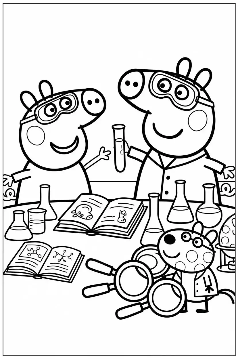 Desenho da Peppa Pig, George e um amigo usando jalecos e óculos de proteção em um laboratório de ciências com tubos de ensaio e livros.