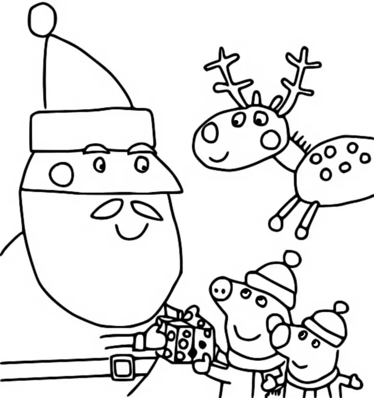 Peppa Pig e George encontrando o Papai Noel com uma rena ao fundo em um desenho para colorir