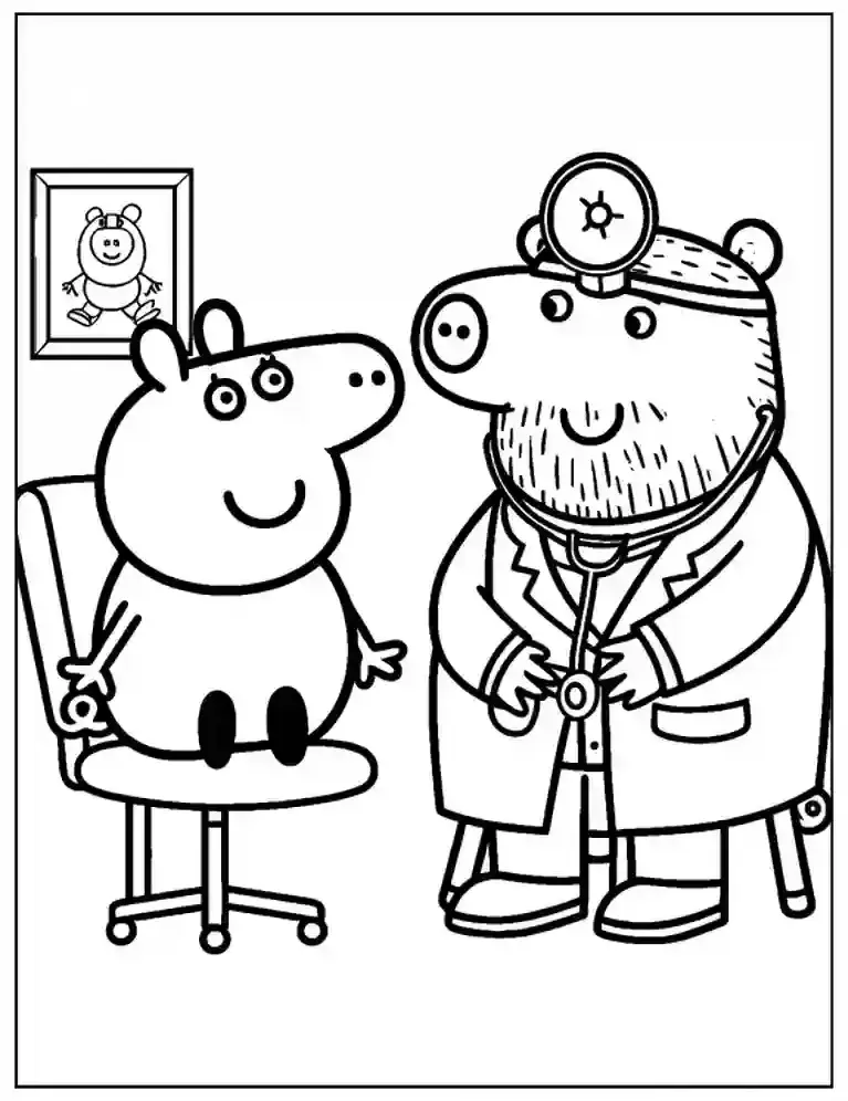 Peppa Pig sentada em uma cadeira de consultório sendo examinada pelo Dr. Urso Polar com um estetoscópio.