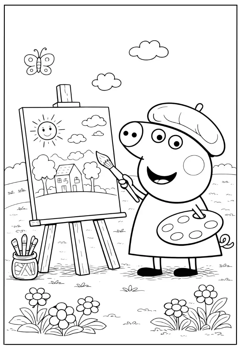 Peppa Pig usando uma boina de artista e segurando uma paleta de tintas enquanto pinta um quadro com a imagem de uma casa e um sol sorridente em um jardim.