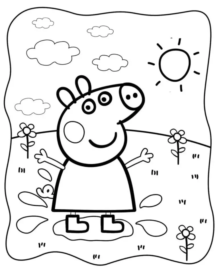 Desenho da Peppa Pig sorrindo, de braços abertos, pulando em uma poça de lama em um dia de sol com flores e nuvens ao fundo.