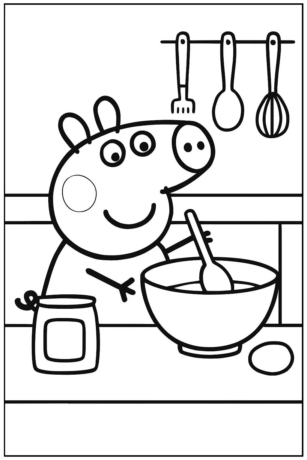Desenho da Peppa Pig em uma cozinha segurando uma colher de pau em uma tigela, ao lado de um pote e um ovo, com utensílios pendurados ao fundo.