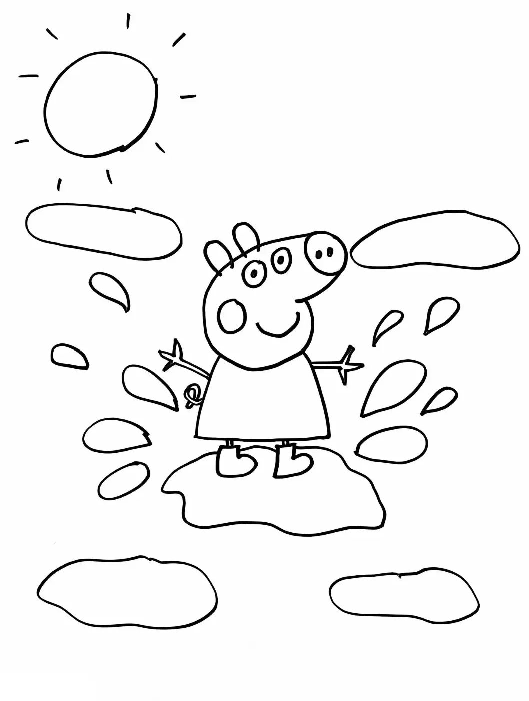 Desenho da Peppa Pig feliz pulando em uma poça de lama com respingos ao redor, com o sol e nuvens no céu.