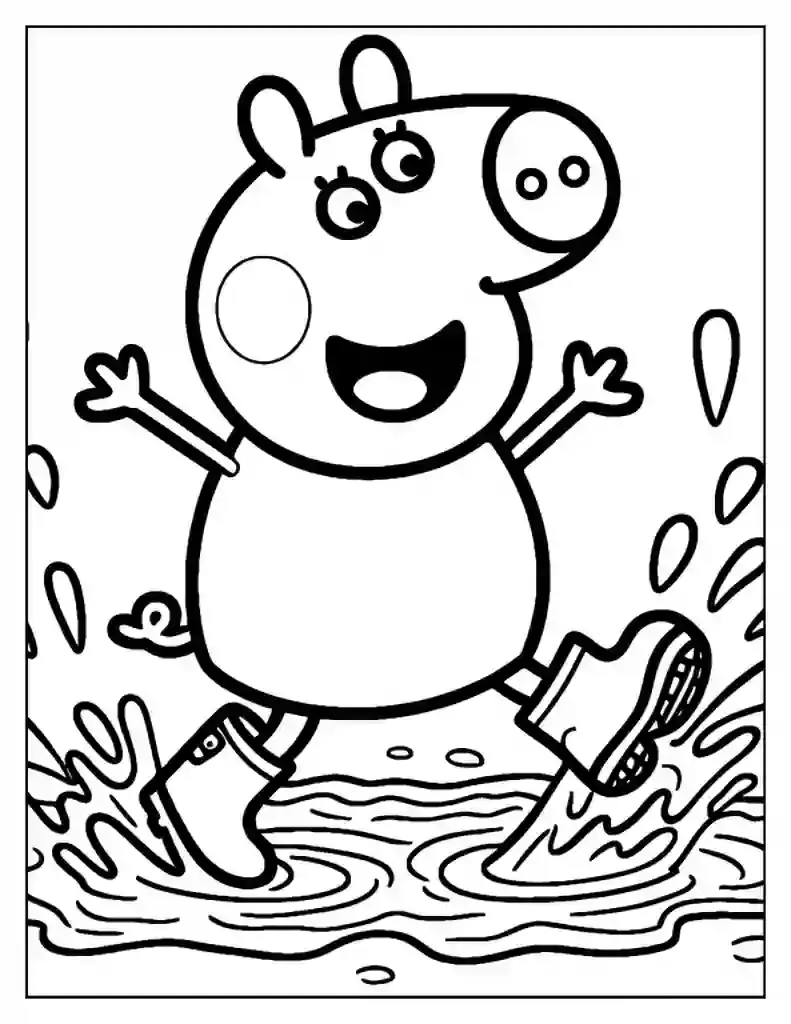 Peppa Pig sorridente pulando em uma poça de lama, vestindo suas botas de borracha, com respingos de água ao redor.