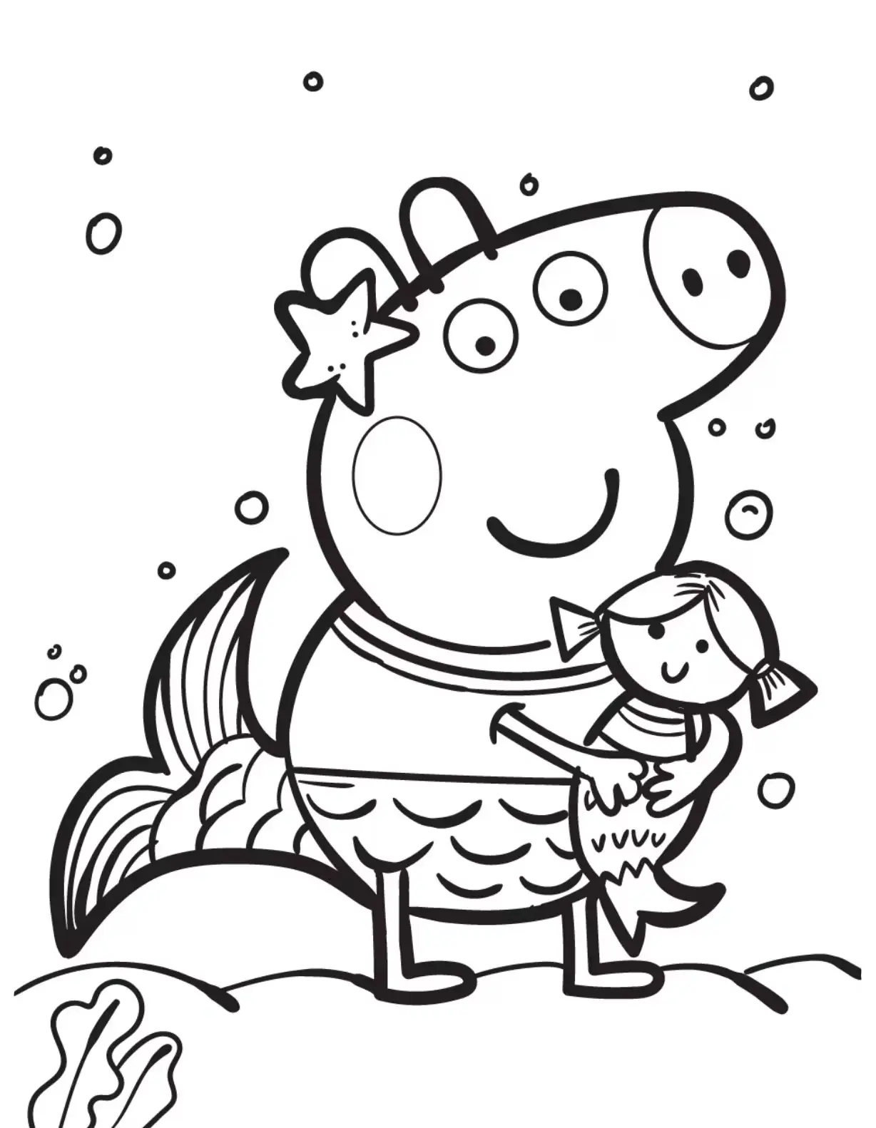 Peppa Pig caracterizada como sereia com cauda de peixe, segurando uma boneca também vestida de sereia, cercada por bolhas de sabão e uma estrela do mar na cabeça.