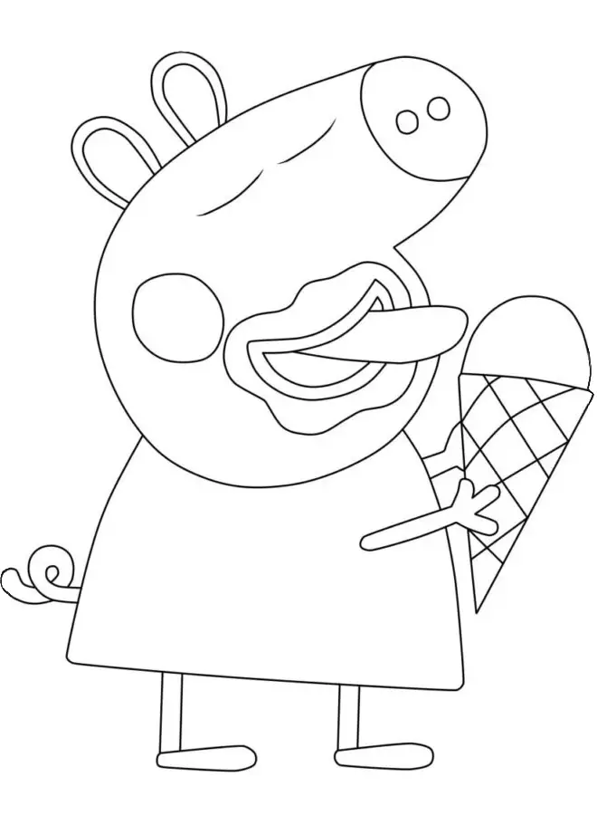 Desenho da Peppa Pig segurando um sorvete de casquinha, com a língua para fora e expressão de alegria.