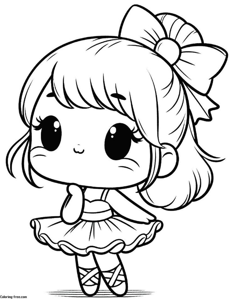 Desenho de uma bailarina graciosa com traços simples e delicados ideal para crianças e meninas. Possui traços chibis e fofos com rostos e olhos grandes.