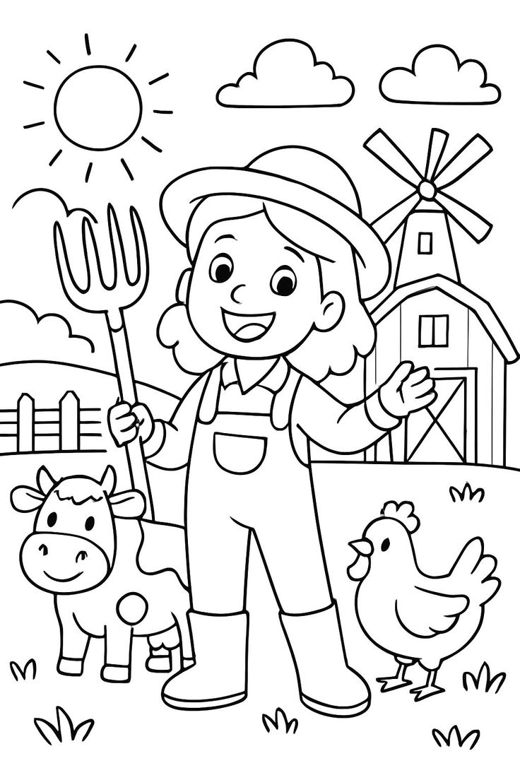 Desenho para colorir de uma menina fazendeira sorrindo com um forcado na mão, ao lado de uma vaca e uma galinha em uma fazenda com moinho e sol.