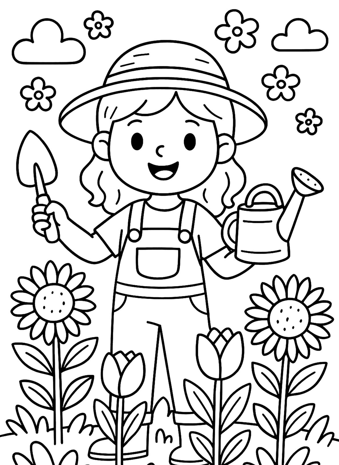 Menina fazendeira usando chapéu e jardineira, segurando uma pá de mão e um regador, cercada por flores e girassóis em um dia ensolarado.