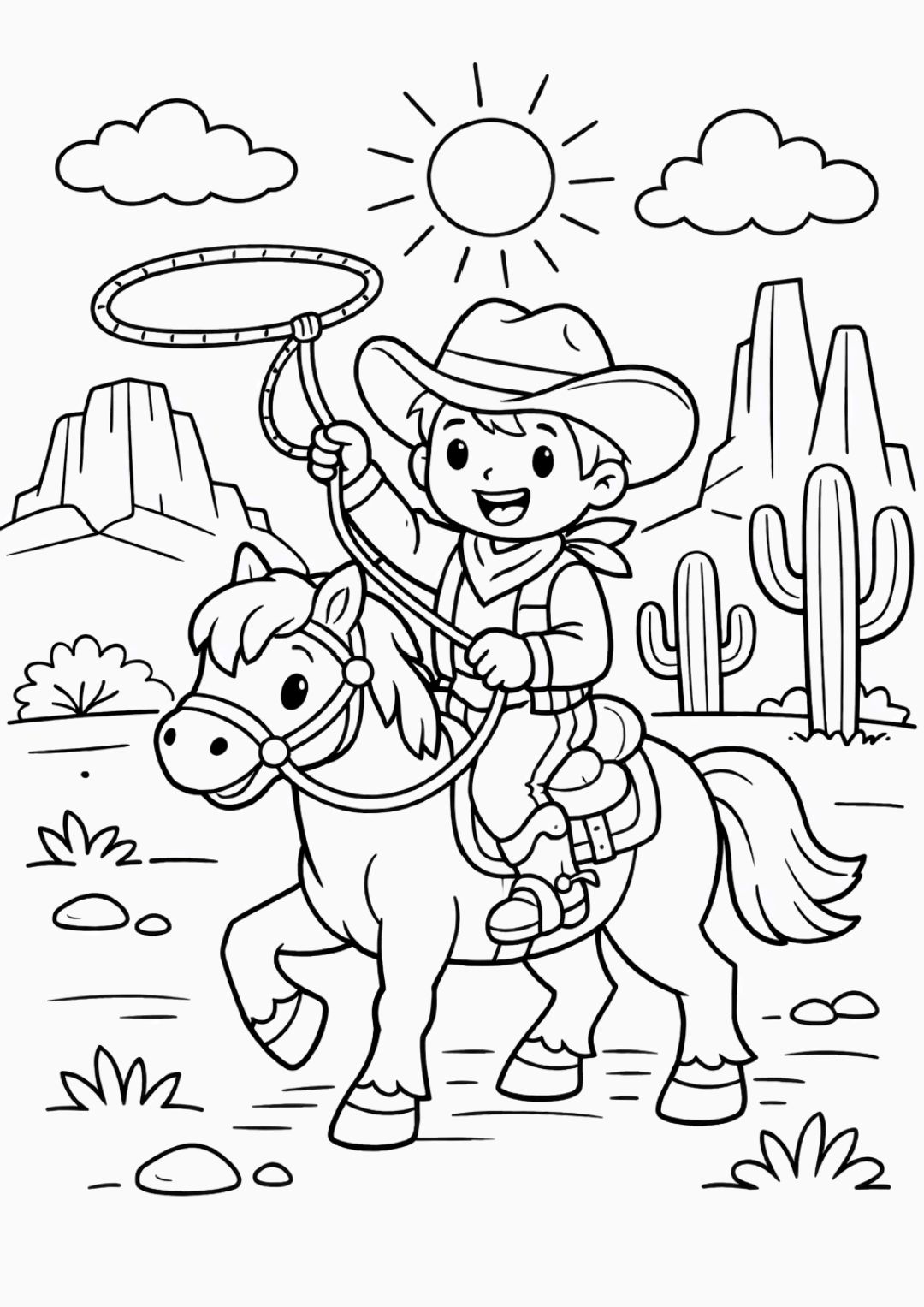 Desenho para colorir de um menino cowboy feliz montado em seu cavalo, segurando um laço com cactos e montanhas ao fundo.