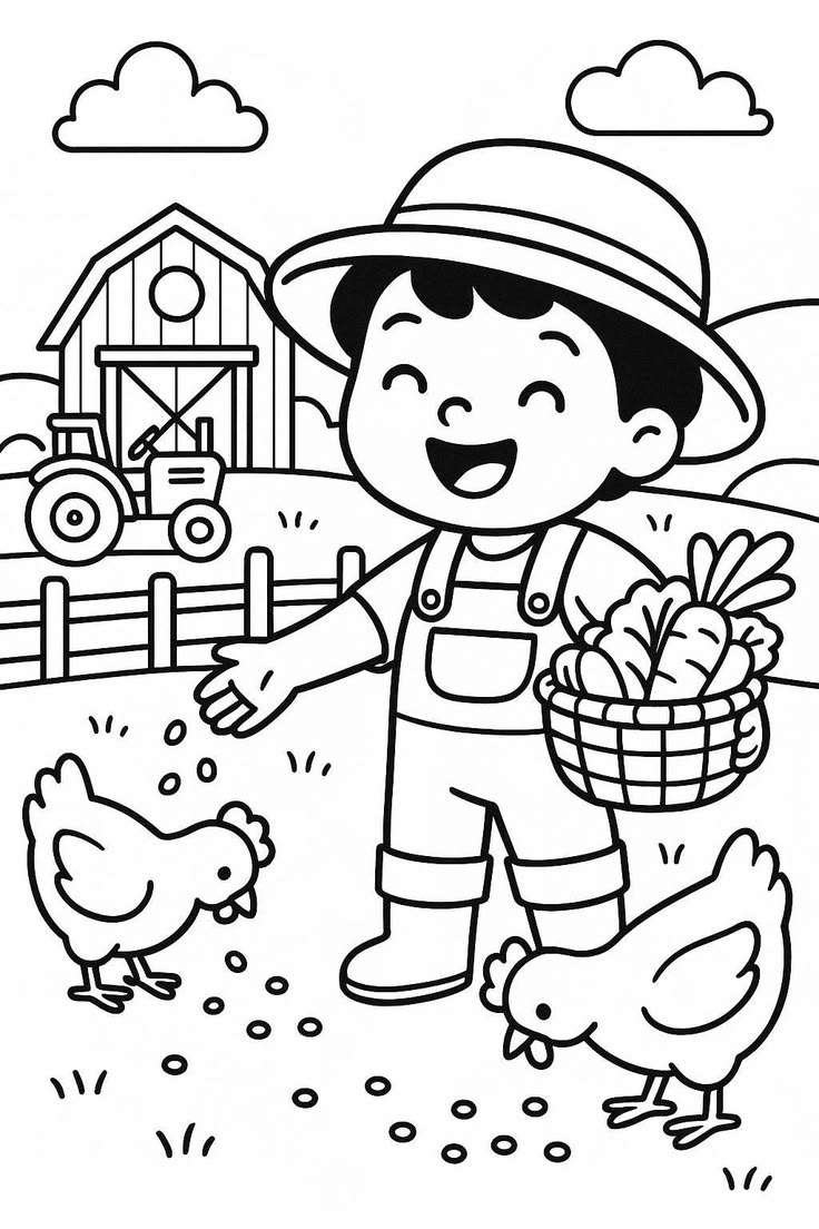 Desenho para colorir de um menino fazendeiro usando chapéu, segurando uma cesta de cenouras enquanto alimenta galinhas em uma fazenda com trator ao fundo.