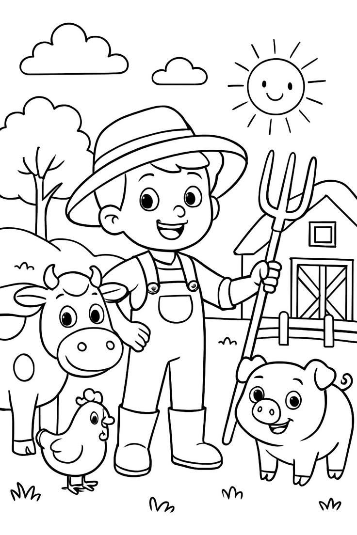 Desenho para colorir de um menino fazendeiro segurando um forcado, ao lado de uma vaca, um porquinho e uma galinha em frente a um celeiro.