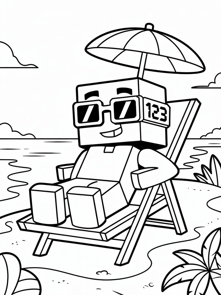 Um personagem com cabeça quadrada estilo Minecraft usando óculos de sol, sentado em uma cadeira de praia sob um guarda-sol na areia.