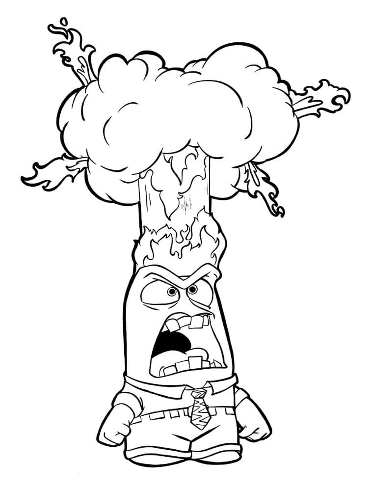 Ilustração de personagem de Raiva de Divertidamente explodindo de raiva, com chamas e fumaça na cabeça, para colorir e imprimir.