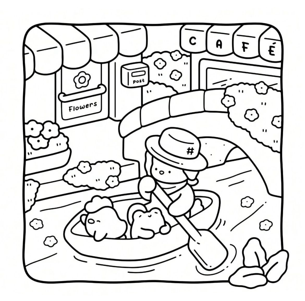 Ilustração estilo kawaii de três personagens fofos remando um pequeno barco em um canal próximo a uma floricultura e um café.