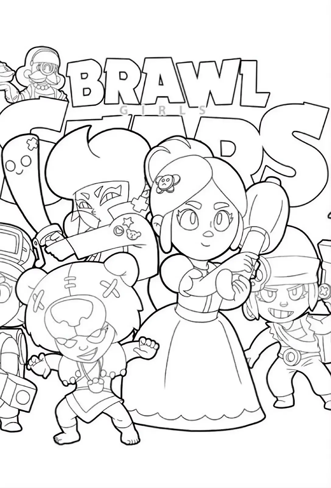 Desenho para colorir das personagens femininas de Brawl Stars, incluindo Shelly, Piper, Nita e Penny, com o logo Brawl Stars ao fundo.
