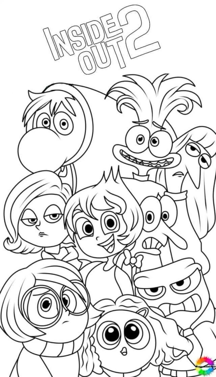 Desenho para colorir com os personagens de Divertida Mente 2, incluindo Alegria, Tristeza, Raiva, Medo, Nojinho, Inveja, Vergonha, Ansiedade e Tédio, promovendo a educação emocional através da arte.