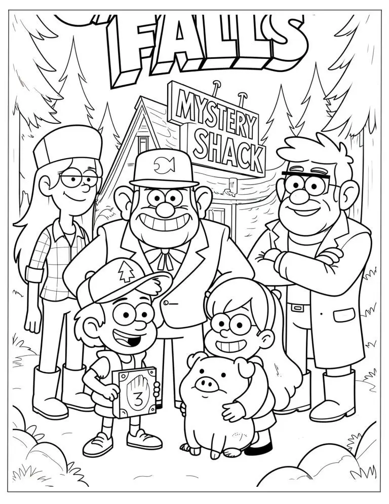 Desenho para colorir com Dipper, Mabel, Tio Stan, Ford e Wendy em frente à placa da Mystery Shack com o porquinho Pato.
