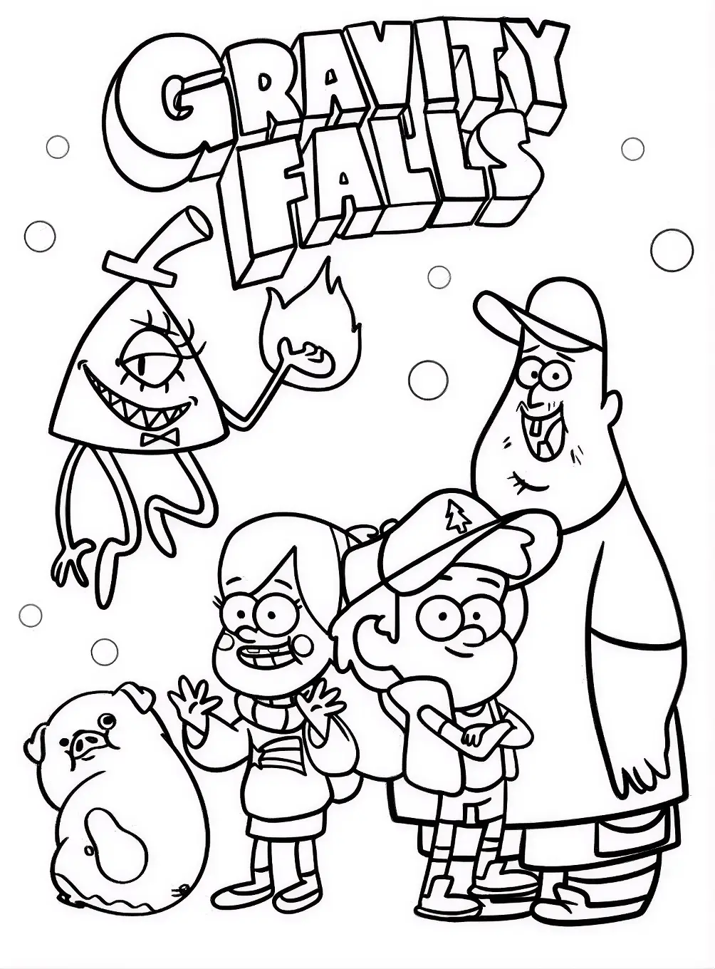 Desenho para colorir com Dipper, Mabel, Soos, Waddles e o vilão Bill Cipher da série Gravity Falls