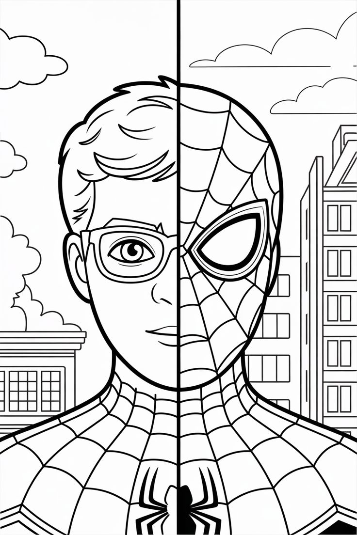 Desenho dividido ao meio mostrando o rosto de Peter Parker com óculos de um lado e a máscara do Homem-Aranha do outro, com um cenário de cidade ao fundo.