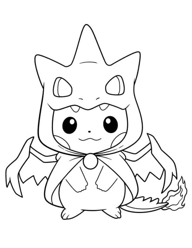 Desenho de Pikachu fantasiado de Charizard, o poderoso Pokémon de Kanto, pronto para colorir e imprimir.