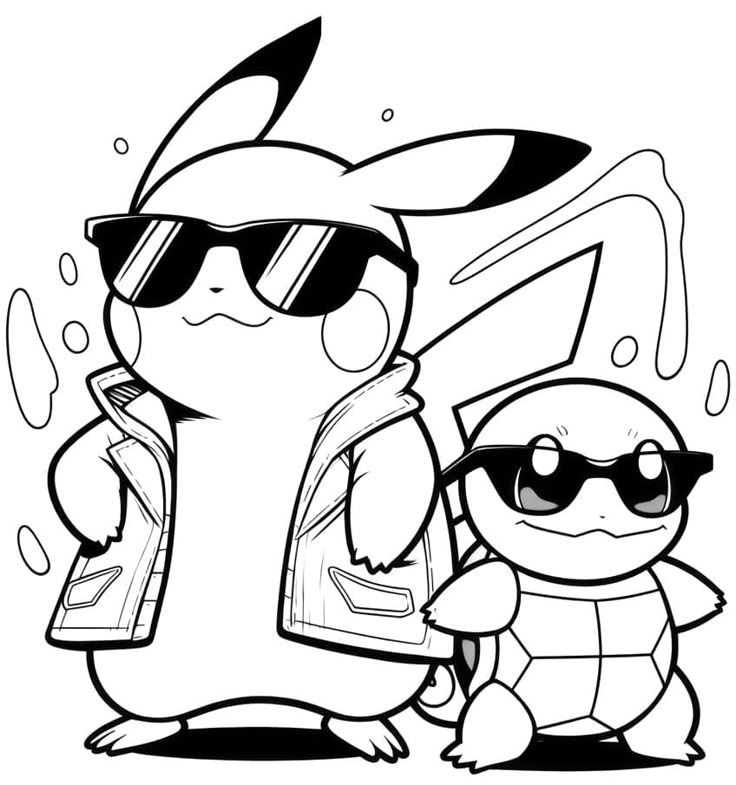 Desenho de Pikachu e Squirtle, do desenho Pokémon, usando óculos de sol e jaquetas estilosas, pronto para colorir e imprimir.